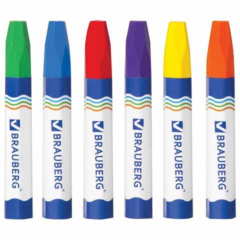Восковые мелки утолщенные BRAUBERG 6 шт., НАБОР 6 цветов, на масляной основе, яркие цвета, 222969