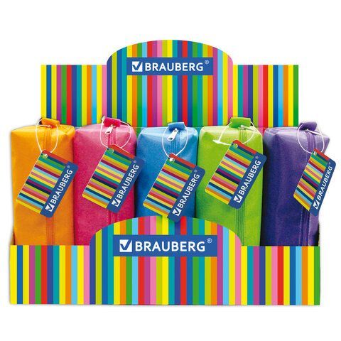 Пенал-косметичка BRAUBERG, ассорти 5 цветов, &quot;Радуга&quot;, 20х6х4 см, дисплей, 223267