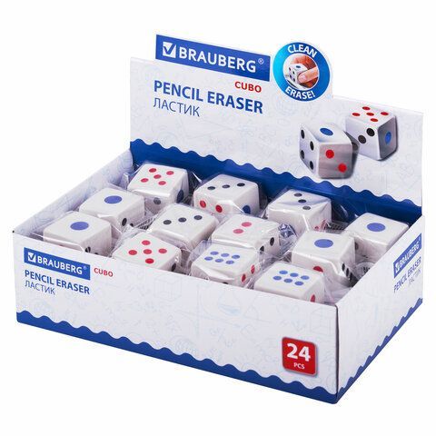 Ластик BRAUBERG 24 шт. &quot;Cubo&quot;, 24х24х24 мм, белый, ассорти, 223605