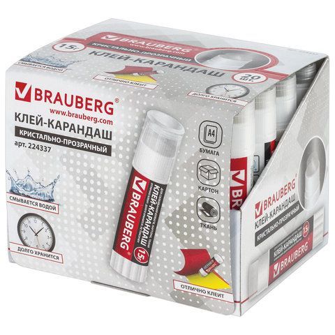 Клей-карандаш BRAUBERG 2 шт. &quot;Crystal&quot;, 15 г, прозрачный, 224337