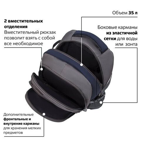 Рюкзак BRAUBERG URBAN универсальный, 2 отделения, &quot;MainStream 1&quot;, серо-синий, 45х32х19 см, 224445