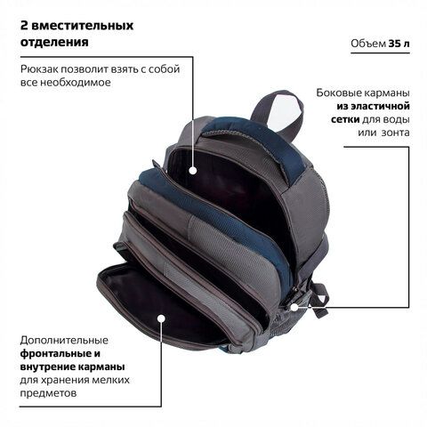 Рюкзак BRAUBERG URBAN универсальный, 2 отделения, &quot;MainStream 2&quot;, серо-синий, 45х32х19 см, 224446