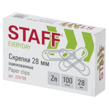 Скрепки STAFF 5 шт. "EVERYDAY", 28 мм, оцинкованные, 100 шт., в картонной коробке, Россия, 224799