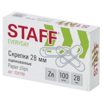 Скрепки STAFF "EVERYDAY", 28 мм, оцинкованные, 100 шт., в картонной коробке, Россия, 224799