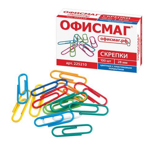 Скрепки ОФИСМАГ 2 шт., 28 мм, цветные, 100 шт., в картонной коробке, Россия, 225210