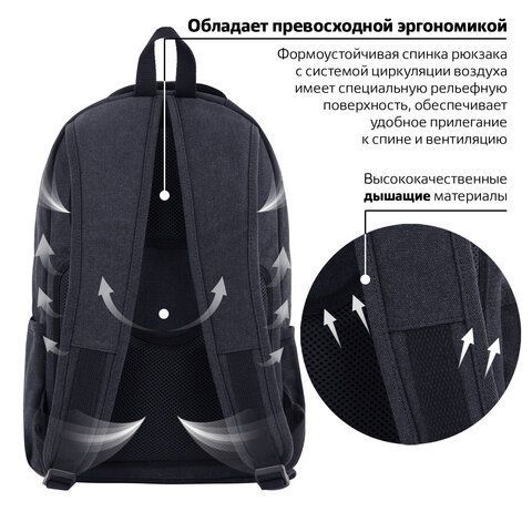 Рюкзак BRAUBERG DELTA универсальный, 2 отделения, холщовый, &quot;Pulse&quot;, темно-серый, 44х30х14 см, 225296