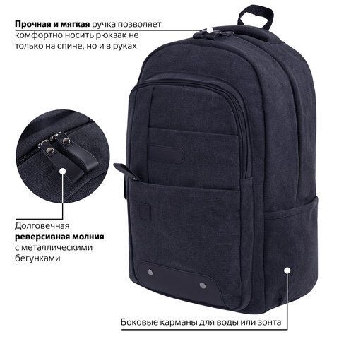 Рюкзак BRAUBERG DELTA универсальный, 2 отделения, холщовый, &quot;Pulse&quot;, темно-серый, 44х30х14 см, 225296