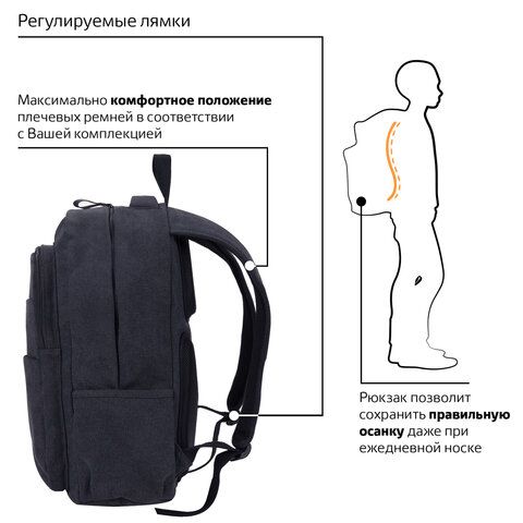 Рюкзак BRAUBERG DELTA универсальный, 2 отделения, холщовый, &quot;Pulse&quot;, темно-серый, 44х30х14 см, 225296