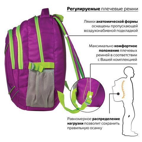 Рюкзак BRAUBERG HIGH SCHOOL универсальный, 3 отделения, &quot;Крокус&quot;, фуксия, 46х31х18 см, 225521