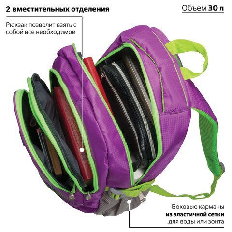 Рюкзак BRAUBERG HIGH SCHOOL универсальный, 3 отделения, &quot;Крокус&quot;, фуксия, 46х31х18 см, 225521