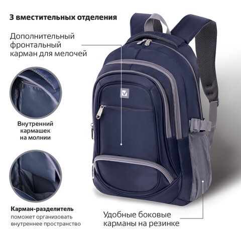 Рюкзак BRAUBERG HIGH SCHOOL универсальный, 3 отделения, &quot;Райдер&quot;, синий, 46х31х18 см, 225523