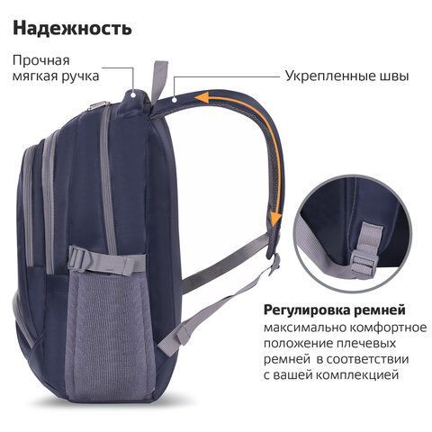 Рюкзак BRAUBERG HIGH SCHOOL универсальный, 3 отделения, &quot;Райдер&quot;, синий, 46х31х18 см, 225523