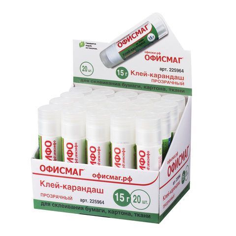 Клей-карандаш ОФИСМАГ 2 шт. &quot;Crystal&quot;, прозрачный, 15 г, 225964