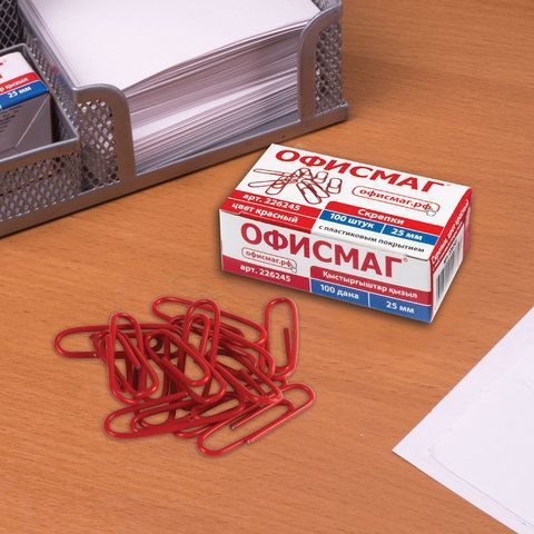 Скрепки ОФИСМАГ 2 шт., 25 мм, красные, 100 шт., в картонной коробке, 226245