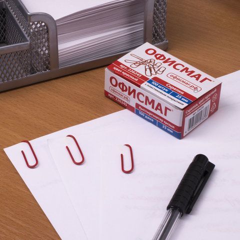 Скрепки ОФИСМАГ 2 шт., 25 мм, красные, 100 шт., в картонной коробке, 226245