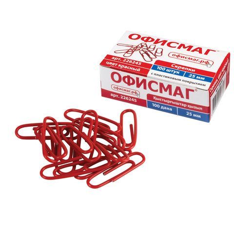 Скрепки ОФИСМАГ 2 шт., 25 мм, красные, 100 шт., в картонной коробке, 226245