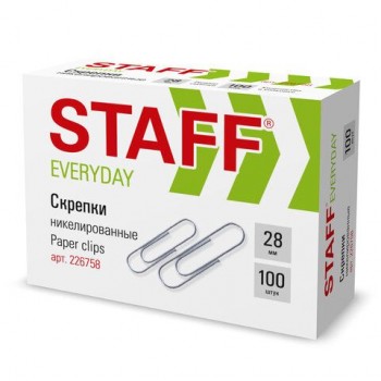 Скрепки STAFF 2 шт. "EVERYDAY", 28 мм, никелированные, 100 шт., в картонной коробке, 226758