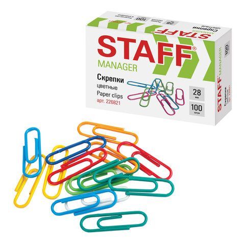 Скрепки STAFF 2 шт. &quot;Manager&quot;, 28 мм, цветные, 100 шт., в картонной коробке, 226821