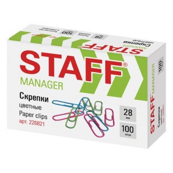 Скрепки STAFF 2 шт. "Manager", 28 мм, цветные, 100 шт., в картонной коробке, 226821