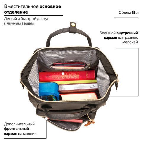 Рюкзак BRAUBERG CELEBRITY универсальный, экокожа, длинные ручки, черный, 34х23х15 см, 227081