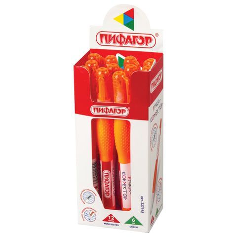Ручка-корректор ПИФАГОР 12 шт., 6 мл, металлический наконечник, 227145