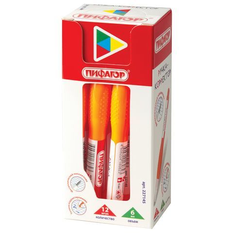 Ручка-корректор ПИФАГОР 12 шт., 6 мл, металлический наконечник, 227145