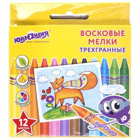 Восковые мелки трехгранные ЮНЛАНДИЯ 6 шт. &quot;ЮНЛАНДИК И МУДРЫЙ ЛИС&quot;, НАБОР 12 цветов, 227289