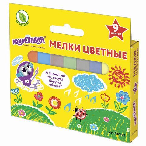 Мел цветной ЮНЛАНДИЯ 10 шт. &quot;ЮНЛАНДИК И ОКРУЖАЮЩИЙ МИР&quot;, НАБОР 9 шт., квадратный, 227443