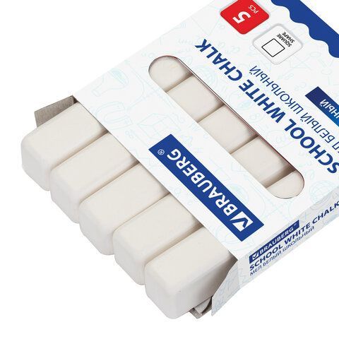Мел белый BRAUBERG 5 шт., набор 5 шт., утолщенный, квадратный, 227444
