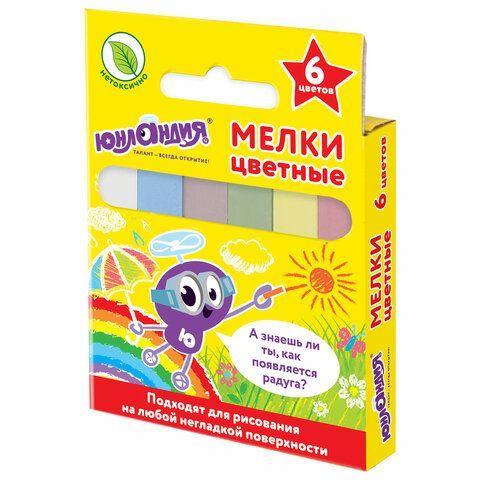 Мел цветной ЮНЛАНДИЯ 15 шт. &quot;ЮНЛАНДИК И ОКРУЖАЮЩИЙ МИР&quot;, НАБОР 6 шт., квадратный, 227447
