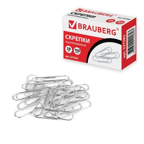 Скрепки BRAUBERG 4 шт., 28 мм, оцинкованные, 100 шт., в картонной коробке, 227583