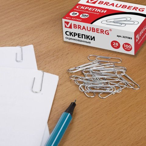 Скрепки BRAUBERG 4 шт., 28 мм, оцинкованные, 100 шт., в картонной коробке, 227583