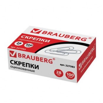 Скрепки BRAUBERG 4 шт., 28 мм, оцинкованные, 100 шт., в картонной коробке, 227583