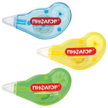Корректирующая лента ПИФАГОР 2 шт., 5 мм х 4 м, корпус ассорти, механизм перемотки, блистер, 227803