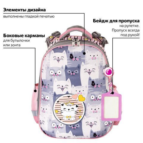 Ранец ЮНЛАНДИЯ EXTRA, с дополнительным объемом, &quot;Gray kittens&quot;, 38x29x18 см, 227843