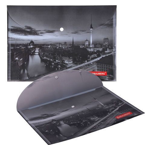 Папка-конверт с кнопкой BRAUBERG &quot;NIGHT CITY&quot;, А4, 160 мкм, цветная печать, 228033