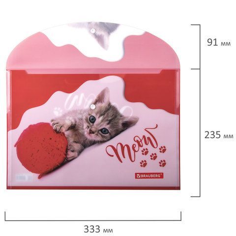 Папка-конверт с кнопкой BRAUBERG &quot;FUNNY CAT&quot;, А4, 160 мкм, цветная печать, 228038