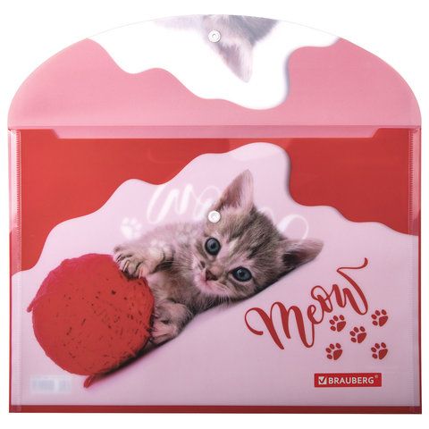 Папка-конверт с кнопкой BRAUBERG &quot;FUNNY CAT&quot;, А4, 160 мкм, цветная печать, 228038