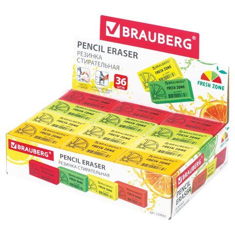 Ластик BRAUBERG 9 шт. &quot;Fresh Zone&quot;, 40х20х10 мм, цвет ассорти, прямоугольный, 228061