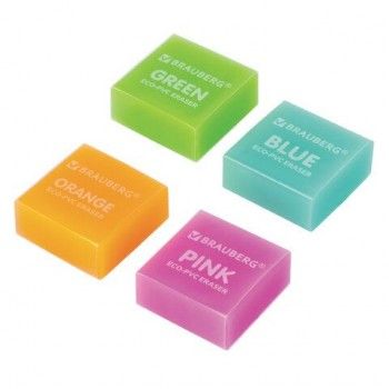 Ластик BRAUBERG 32 шт. "E-Color", 28х28х12 мм, цвет НЕОН ассорти, экологичный ПВХ, 228065