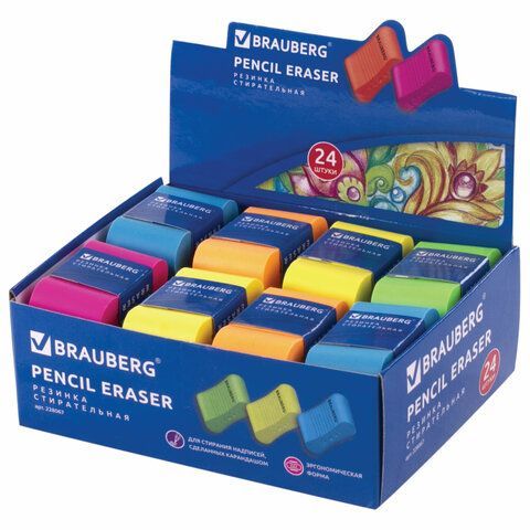 Ластик BRAUBERG 4 шт. &quot;Rainbow&quot;, 42х23х13 мм, цвет ассорти, картонный держатель, 228067