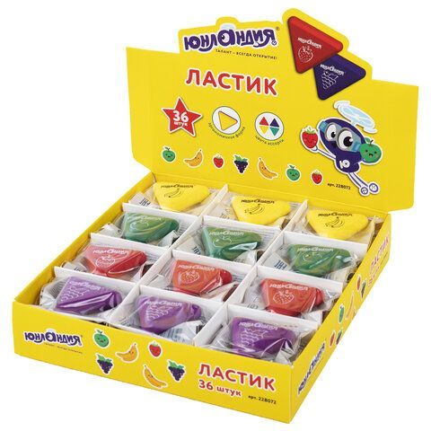 Ластик ЮНЛАНДИЯ 6 шт. &quot;Трио&quot;, 35х35х10 мм, цвет ассорти, треугольный, 228072
