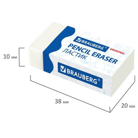 Ластик BRAUBERG 10 шт. &quot;Original&quot;, 38х20х10 мм, белый, прямоугольный, картонный держатель, 228073