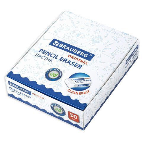 Ластик BRAUBERG 5 шт. &quot;Original&quot;, 50х24х10 мм, белый, прямоугольный, экологичный ПВХ, картонный держатель, 228075