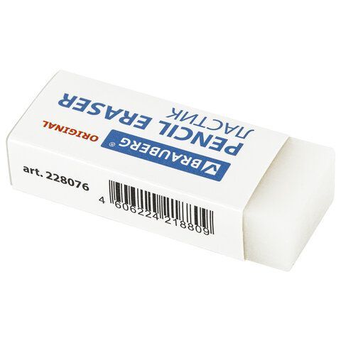 Ластик BRAUBERG 6 шт. &quot;Original&quot;, 45х17х10 мм, белый, прямоугольный, экологичный ПВХ, картонный держатель, 228076