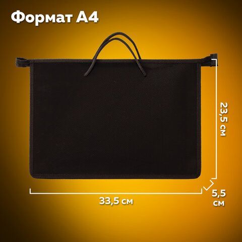 Папка на молнии с ручками ПИФАГОР, А4, пластик, молния сверху, однотонная черная, 228236