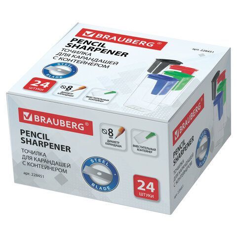 Точилка BRAUBERG 24 шт. &quot;Assistant&quot;, с контейнером, пластиковая, корпус ассорти, 228451