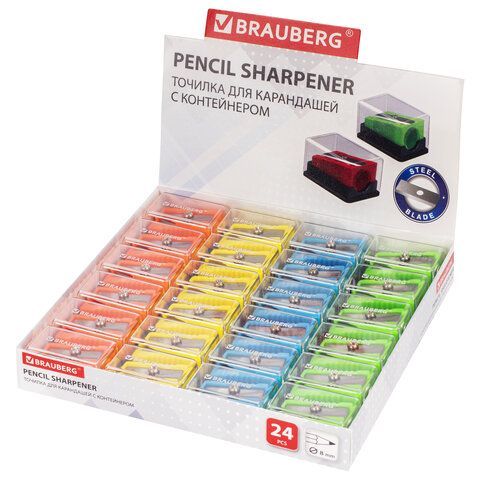 Точилка BRAUBERG 24 шт. &quot;Assistant Mini&quot;, с контейнером, пластиковая, корпус ассорти, 228458
