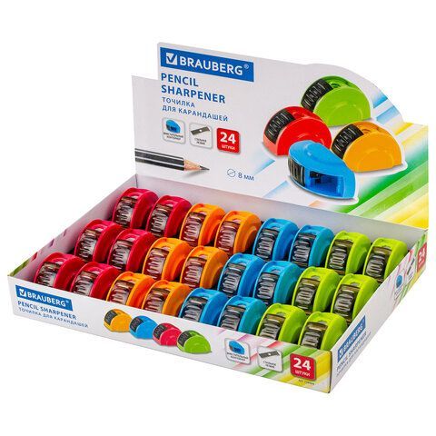 Точилка BRAUBERG 24 шт. &quot;Roll&quot;, с контейнером, пластиковая, корпус ассорти, 228464