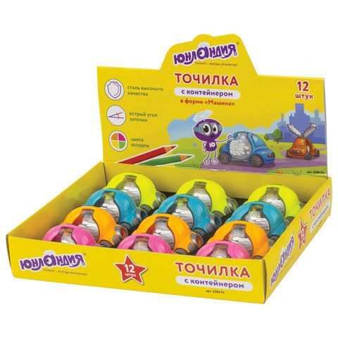 Точилка ЮНЛАНДИЯ 12 шт. &quot;Машинка Юнландика&quot;, с контейнером, пластиковая, корпус ассорти, 228474